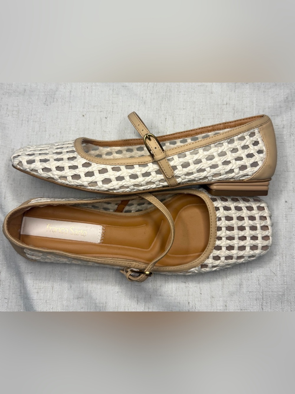 Franco Sarto Cream Woven Mary Jane Flats with Tan Trim - NEW W/OUT BOX
